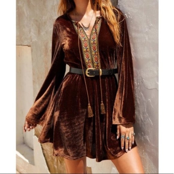 Dresses & Skirts - Bohemian Brown Floral Embroidered Detail Velvet Mi